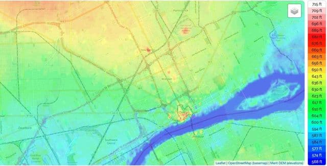 Mappa altimetrica di Detroit