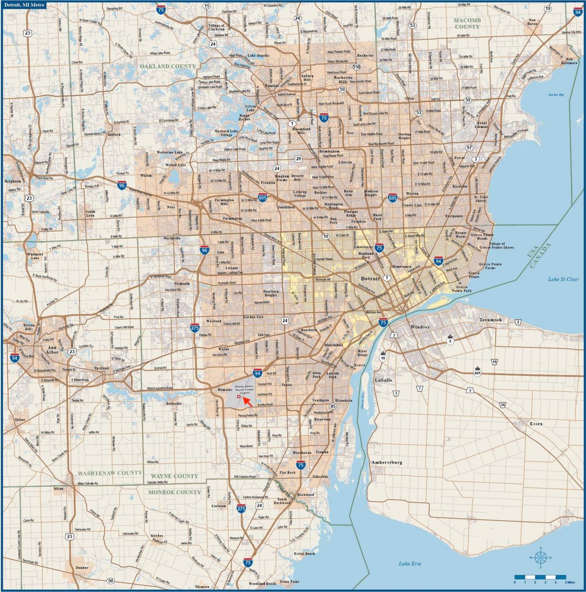 Mappa degli aeroporti di Detroit